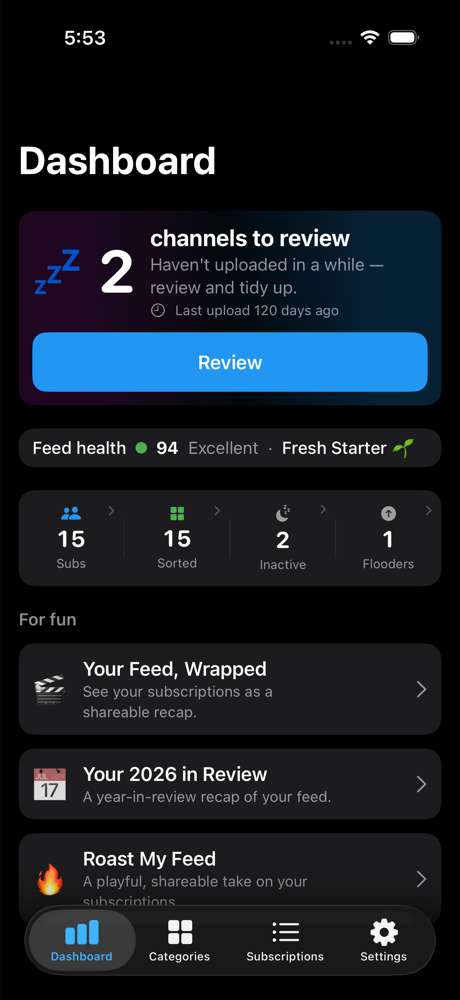 SubSense dashboard: Feed Health 94, channels to review, and a stat strip of subs, sorted, inactive and flooders