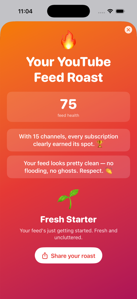 Roast My Feed screen showing a feed health score of 75