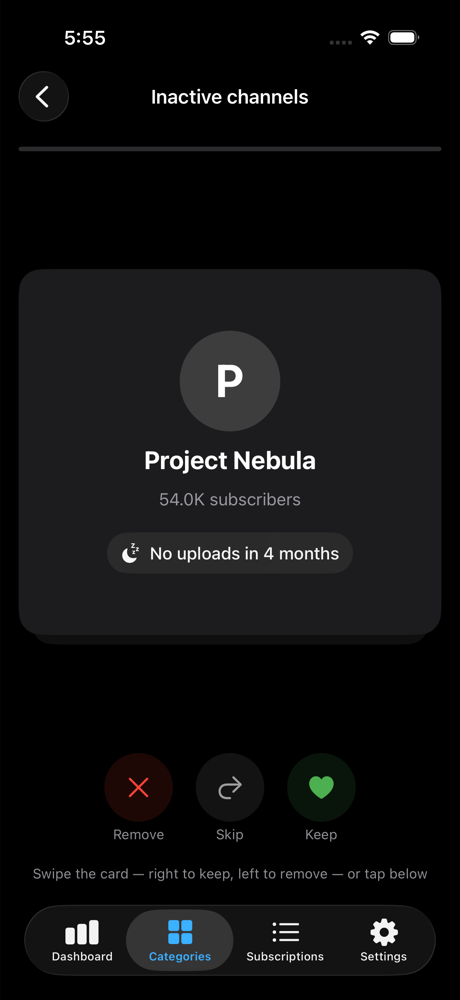 Swipe triage screen: keep, skip, or remove an inactive channel with no uploads in 4 months